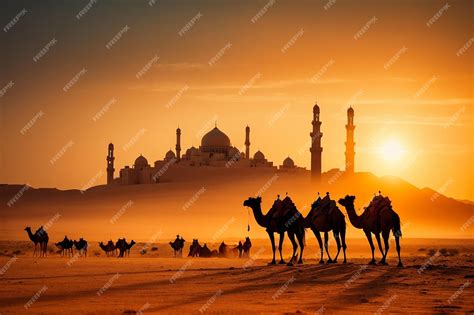 Photo a group of silhouette camels in the desert with orange sunset background and a beautiful ...