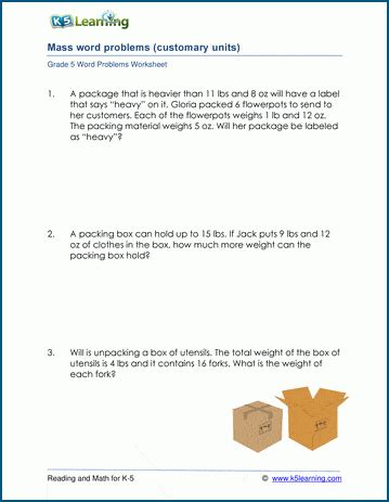 Mass and weight word problems for grade 5 | K5 Learning