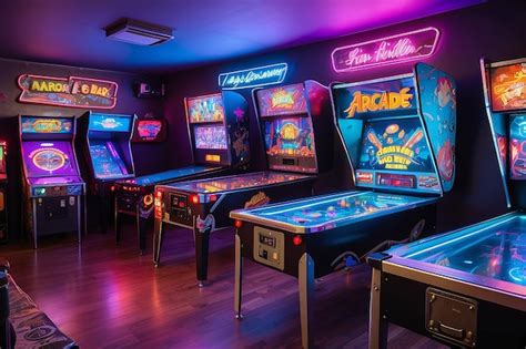 Premium AI Image | Retro gaming room with vintage arcade machines a pinball table and neon lighting