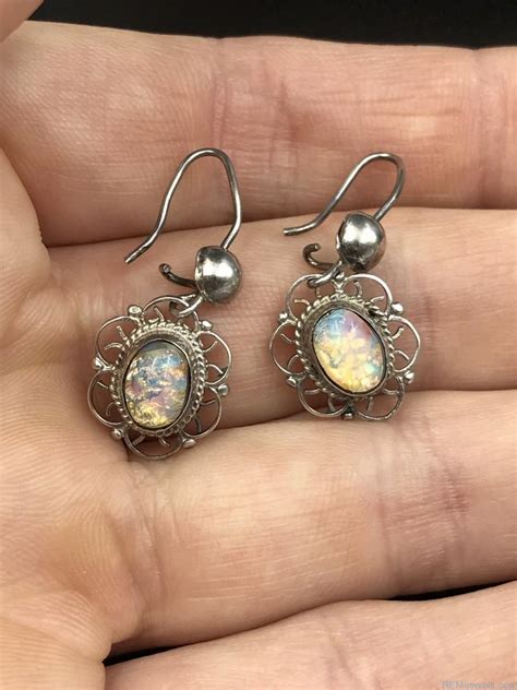 Vintage Opal Cabochon Sterling Silver Dangle Earrings Filigree