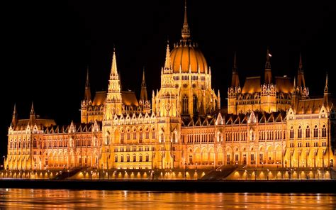 Hungary, Budapest, parliament, night, lights, water, Danube river ...