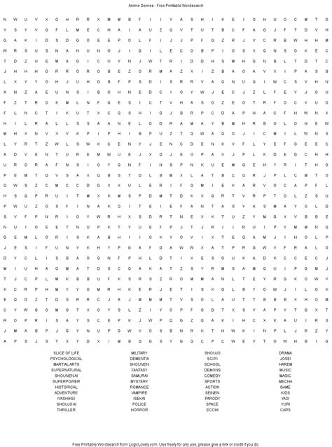 Anime Genres Word Search - Hard - Logic Lovely