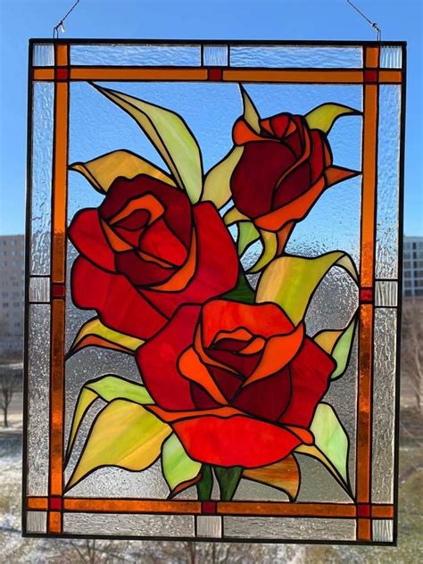 Red roses stained glass panel Stained glass window hanging | Etsy | Stained glass rose, Diy ...