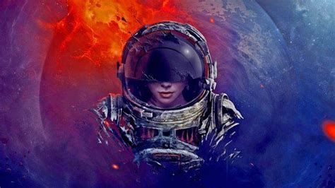 digital Art, Astronaut, Spacesuit, Helmet, Universe, Space, Fire, Women, Rock, Planet, Melting ...