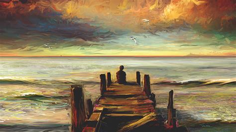 Solitude, art, pier, bonito, waves, boy, loneliness, thought, painting ...