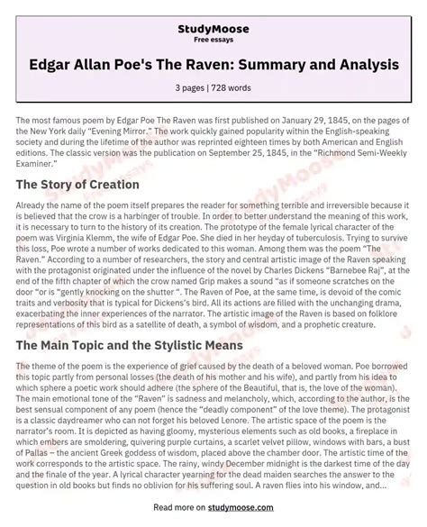 Edgar Allan Poe's The Raven: Summary and Analysis Free Essay Example