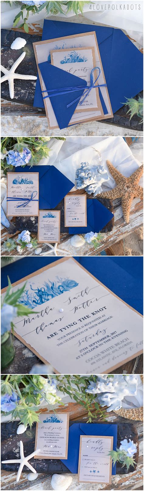 Beach Wedding invitations Navy Wedding Invites destination wedding Cards with vellum and pearls ...