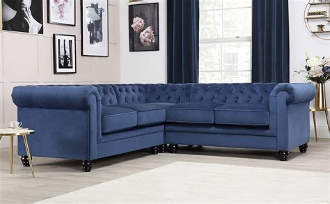 Hampton Blue Velvet Chesterfield Corner Sofa | Furniture Choice