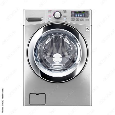 Washing Machine Isolated on a White Background. Front View of Stainless Steel Steam Washer ...