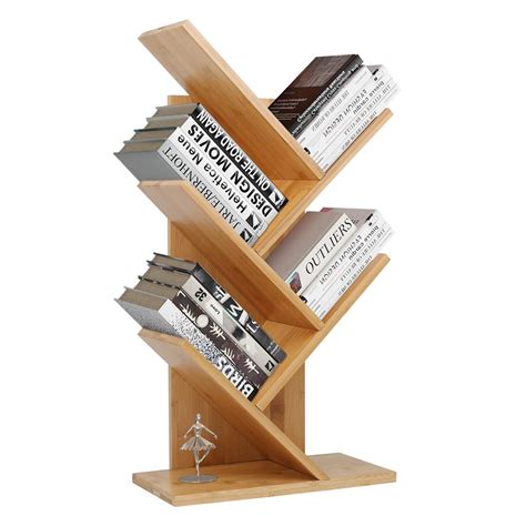 Tree Bookshelf, Bamboo Wood Bookcase Rack 4-Tier Book Rack, Free-Standing Holder Organizer, Book ...