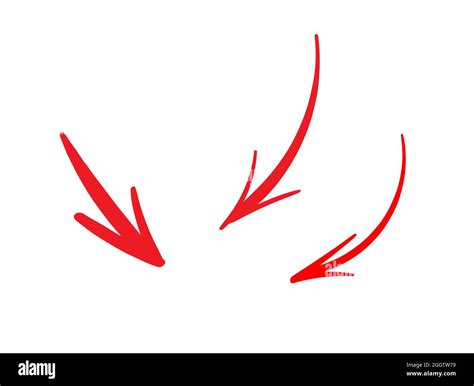 Set of three thin red hand-drawn arrows, ink, brush style, on white ...