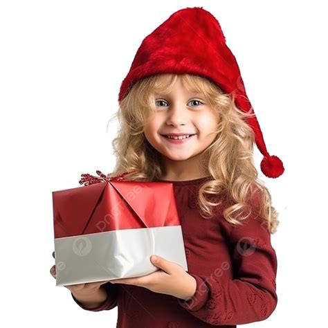 A Beautiful Little Blonde Girl In A Red Christmas Hat Smiles And Holds ...