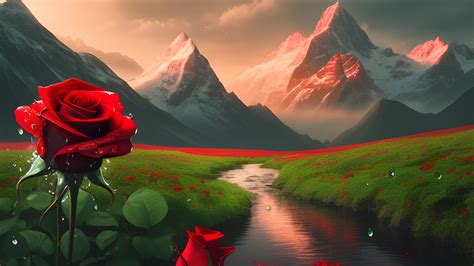 1920x1080 Resolution Red roses with Snowy Mountains HD Fantasy Landscape 1080P Laptop Full HD ...