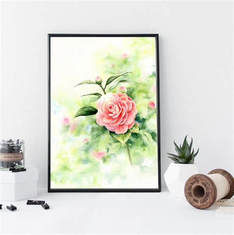 Camellia Spring Blooms Evergreen Painting. Pink Flower Watercolor Art Print. Floral Theme Garden ...