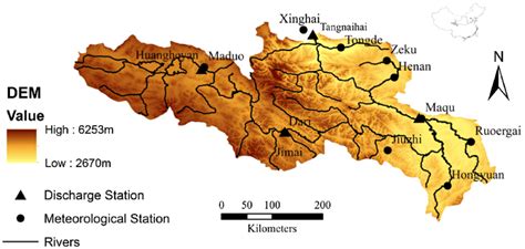 Yellow River source region topography, river network, and hydroclimatic ...