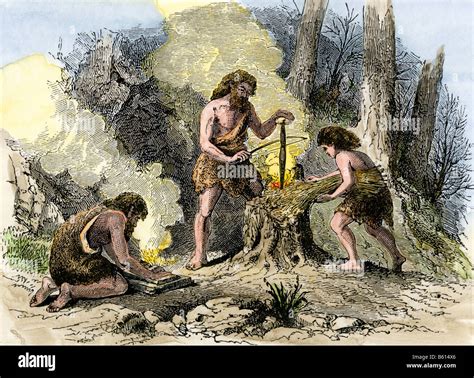 Humans discovering how to make fire in prehistoric times Stock Photo ...