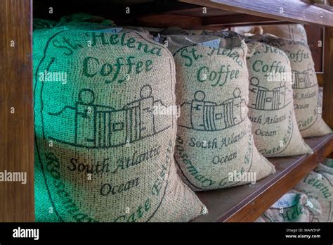 Sacks of roasted Saint Helena coffee beans, Rosemary Gate Estate coffee ...