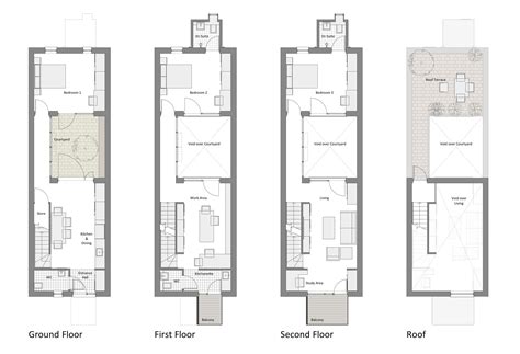 narrow row house floor plans - Google ... | Narrow house plans, House layout plans, House plans