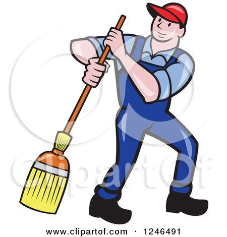 Clipart of a Cartoon Male Janitor with a Mop or Broom - Royalty Free ...