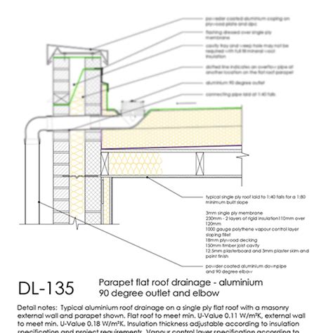 DL135 - Parapet Flat Roof Drainage Detail 90 Degree Outlet