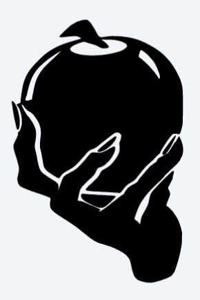 a black and white silhouette of a person holding an apple in their hands, with the word