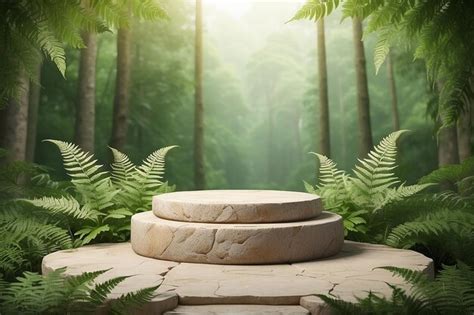 Premium Photo | An empty beige stone podium on forest background with fern