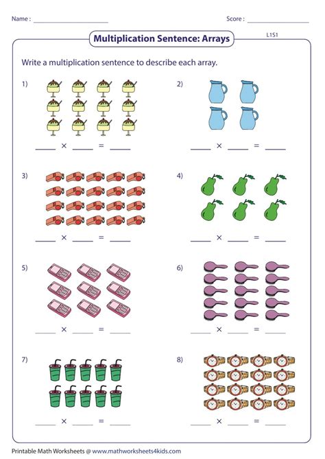 Multiplication Using Arrays Worksheets