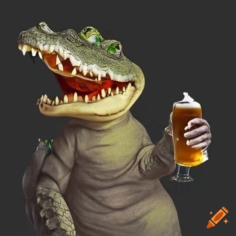 Funny crocodile wearing halloween costume and holding a beer on Craiyon