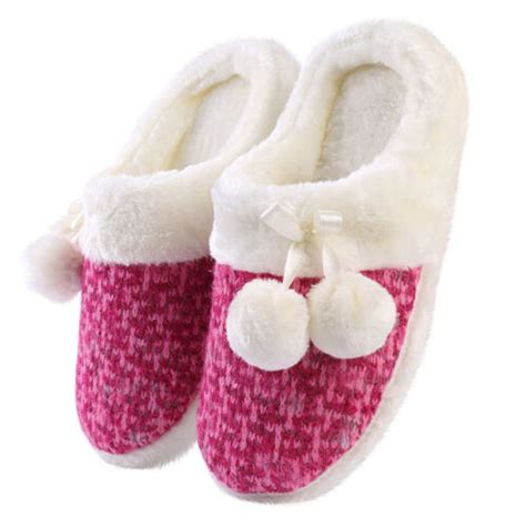 Women's Slip-on Knit Weave Plush Slippers With Pom Poms Bedroom House ...