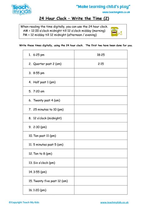 24 Hour Clock - Write the Time (2) - TMK Education