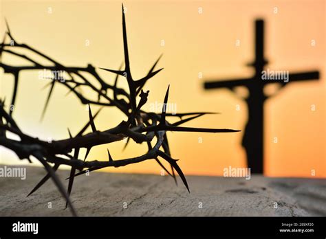 Crown of thorns of Jesus Christ against silhouette of catholic cross at sunset background Stock ...