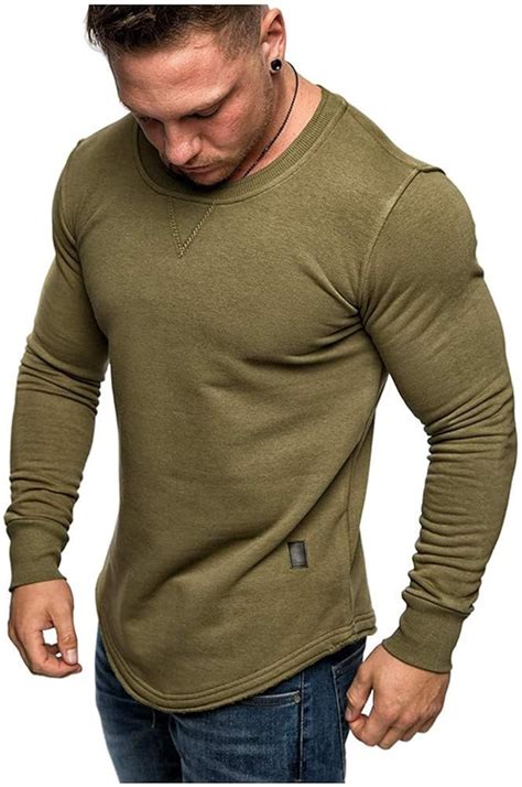 Kewing Men Solid Color Crew Neck Casual T-Shirt Long Sleeve Sports Gym ...