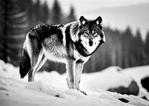 Majestic Wolf on a Snowy Landscape. Black and White Stock Illustration ...