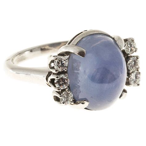 Natural Light Blue Star Cabochon Sapphire Diamond Platinum Ring ...