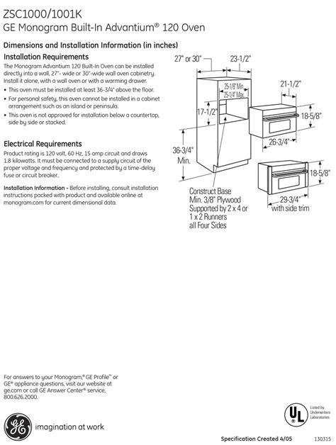 GE MONOGRAM ADVANTIUM ZSC1000/1001K DIMENSIONS AND INSTALLATION INFORMATION Pdf Download ...