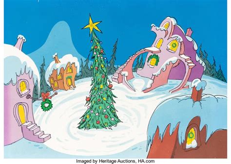 a cartoon christmas tree in the middle of a snow covered landscape with houses and trees