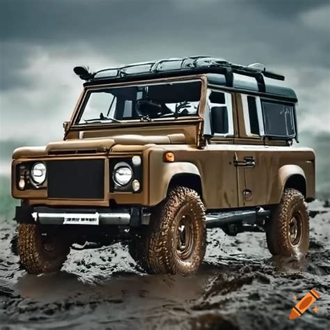 Land rover defender 110 car in mud with off-road accessories