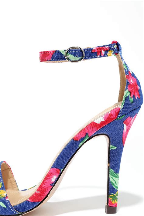 Floral Print Heels - Blue Print Heels - Ankle Strap Heels - $31.00