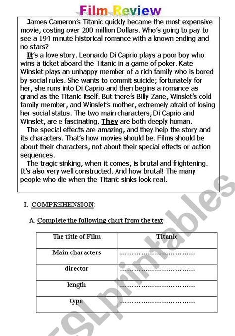 Film Review : Titanic - ESL worksheet by rmouh