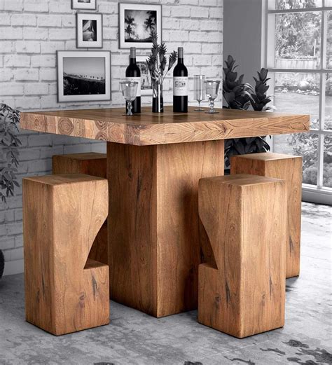 Buy Portland Solid Wood Bar Table Set in Natural Acacia Finish By ...