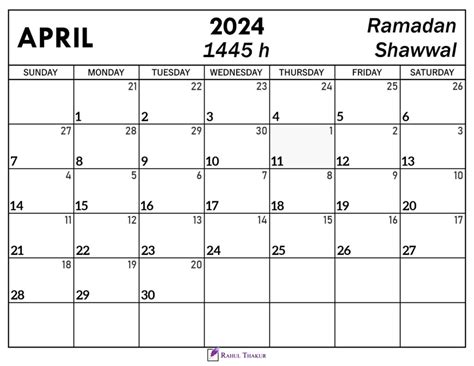 April 2024 Calendar with Hijri Dates - Thakur Writes