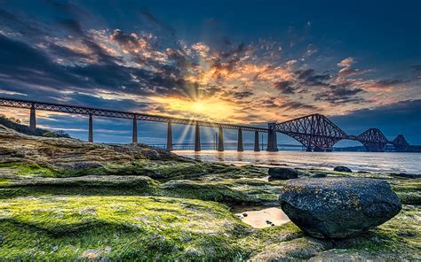 Forth Bridge sunset, coast, Scotland, UK, United Kingdom, R, railway ...