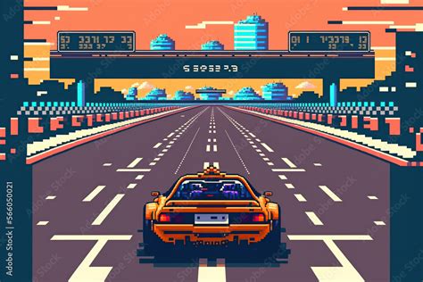 A car race on an racetrack, Retro computer games level. Pixel art video ...