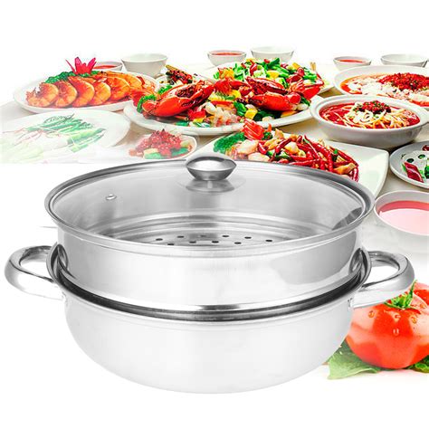 2 tier 27.5cm stainless steel food steamer pot pan vegetable cooker glass lid at Banggood