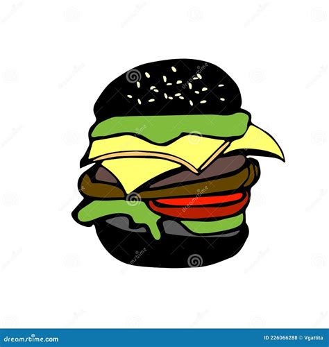 Black Hamburger Illustration in Cartoon Style Isolated on White Stock ...