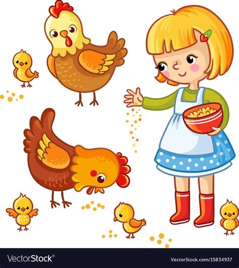 Girl feeding hens and chickens on a white background. Vector illustration in childrens, cartoon ...