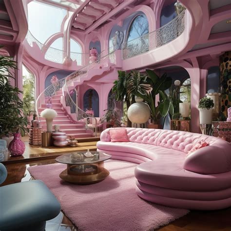 Premium Photo | There is a pink couch in a living room with a staircase ...