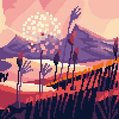 an image of a pixel art scene with mountains in the background