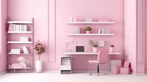 Contemporary Pink Office Workspace With Ample White Worktable Background, Desk, Office Equipment ...