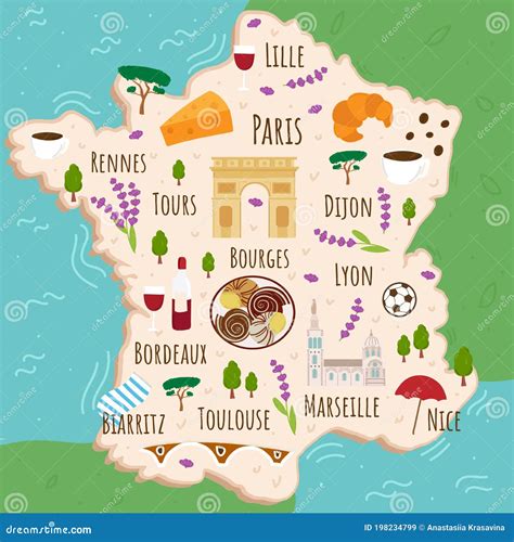 Cartoon Map of France. Travel Illustration with Landmarks, Buildings ...